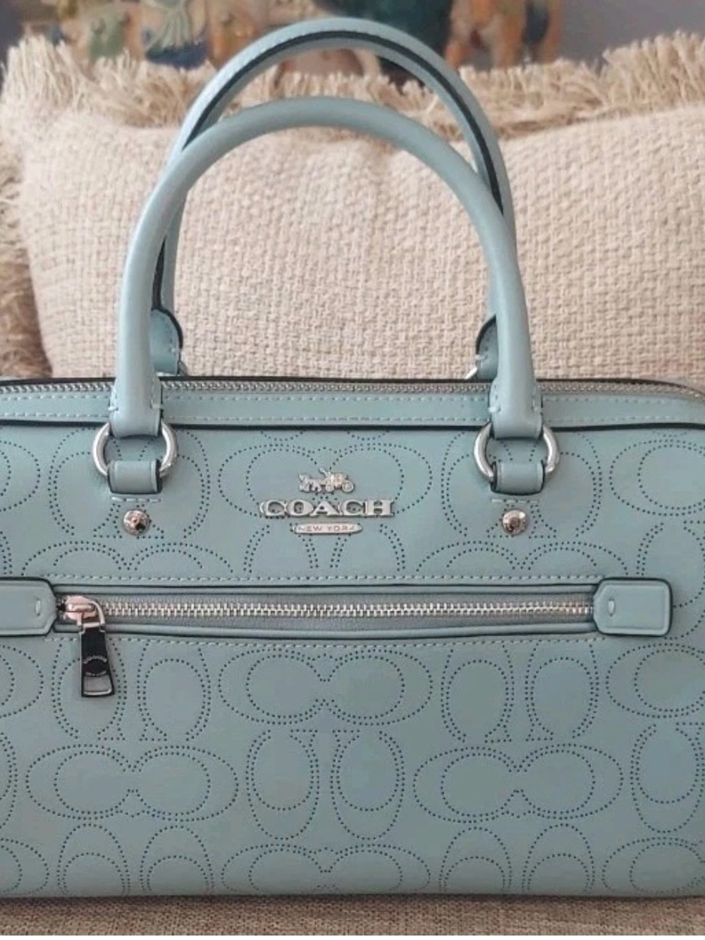 Coach Rowan Sky Blue Perforated Leather Bag with Scarf Accent - Picture 2 of 16